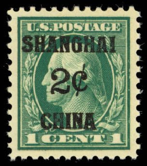 US Stamps Values Scott Cat. K1 - 2c 1919 China Shanghai on 1c. Daniel Kelleher Auctions, Mar 2013, Sale 635, Lot 796