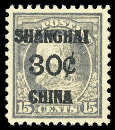 Values of US Stamps Scott Cat. # K12: 30c 1919 China Shanghai on 15c. Matthew Bennett International, Sep 2010, Sale 331, Lot 947