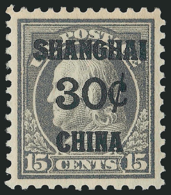 Value of US Stamp Scott # K12 - 1919 30c China Shanghai on 15c. Robert Siegel Auction Galleries, Dec 2009, Sale 978, Lot 1134
