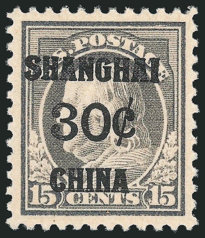 Cost of US Stamps Scott Cat. K12 - 30c 1919 China Shanghai on 15c. Robert Siegel Auction Galleries, Nov 2013, Sale 1061, Lot 4142