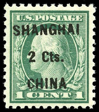 US Stamp Values Scott K17 - 1922 2c China Shanghai on 1c. Matthew Bennett International, Apr 2008, Sale 326, Lot 670