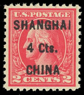 Values of US Stamps Scott Cat. # K18 - 4c 1922 China Shanghai on 2c. Daniel Kelleher Auctions, Oct 2012, Sale 632, Lot 1564