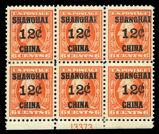 Values of US Stamps Scott Catalogue #K6: 12c 1919 China Shanghai on 6c. Matthew Bennett International, Mar 2011, Sale 337, Lot 3147