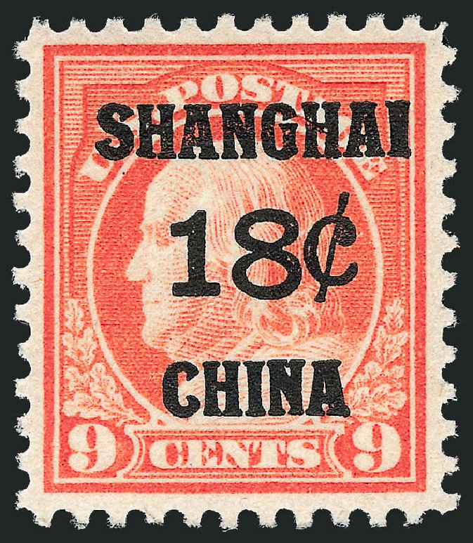 US Stamp Price Scott Catalog #K9: 1919 18c China Shanghai on 9c. Robert Siegel Auction Galleries, Dec 2008, Sale 967, Lot 5137