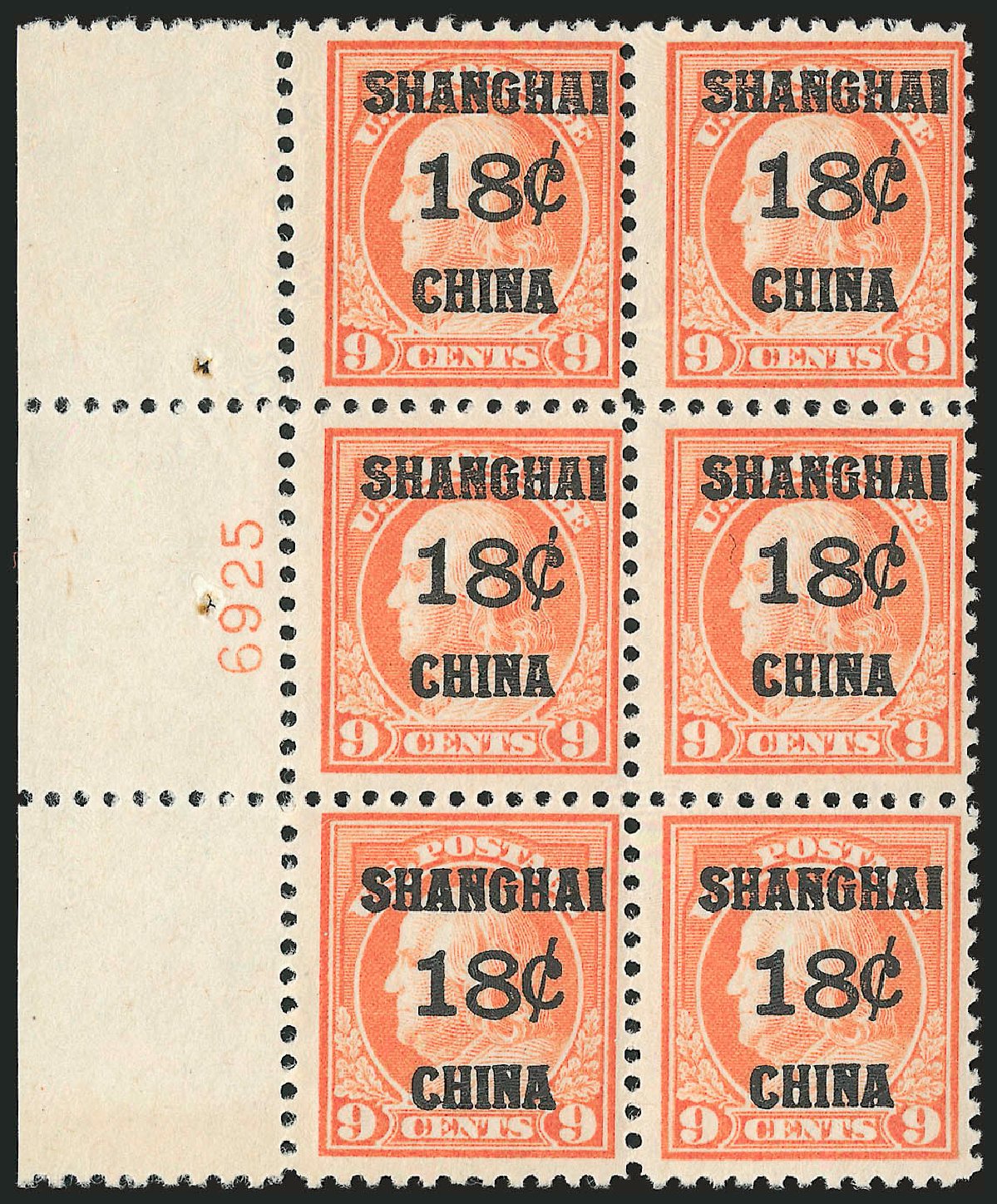 US Stamp Price Scott Cat. K9 - 1919 18c China Shanghai on 9c. Robert Siegel Auction Galleries, Dec 2009, Sale 982, Lot 6125
