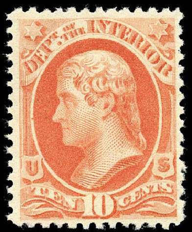 Values of US Stamps Scott O100 - 1879 10c Interior Official. Matthew Bennett International, Apr 2008, Sale 326, Lot 708