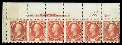 US Stamps Value Scott Cat. # O24 - 1873 90c Interior Official. Matthew Bennett International, Dec 2007, Sale 325, Lot 2503