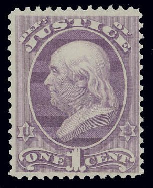 Value of US Stamp Scott # O25 - 1c 1873 Justice Official. Matthew Bennett International, Jun 2008, Sale 328, Lot 1220