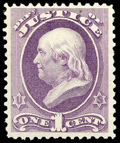 US Stamp Values Scott Catalogue O25 - 1c 1873 Justice Official. Matthew Bennett International, Apr 2008, Sale 326, Lot 681