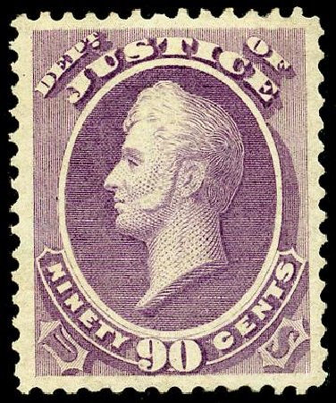 Value of US Stamp Scott O34 - 90c 1873 Justice Official. Matthew Bennett International, May 2008, Sale 327, Lot 287