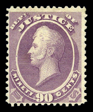 Values of US Stamps Scott Cat. # O34: 90c 1873 Justice Official. Matthew Bennett International, Sep 2010, Sale 331, Lot 954