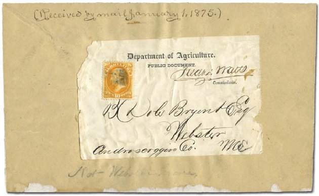US Stamp Values Scott Cat. # O5: 10c 1873 Agriculture Official. Matthew Bennett International, Mar 2011, Sale 336, Lot 1387