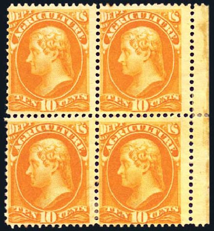 Values of US Stamp Scott # O5 - 1873 10c Agriculture Official. Harmer-Schau Auction Galleries, Aug 2011, Sale 90, Lot 1701