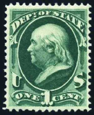 Value of US Stamp Scott Cat. # O57: 1873 1c State Official. Harmer-Schau Auction Galleries, Jun 2008, Sale 78, Lot 1749