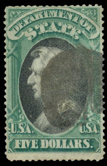 Value of US Stamp Scott Catalog O69 - 1873 US$5.00 State Official. Daniel Kelleher Auctions, Sep 2014, Sale 655, Lot 881
