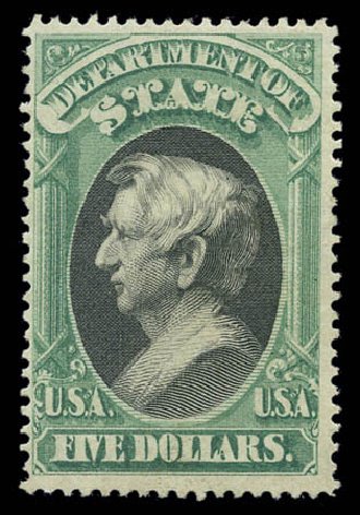 Prices of US Stamps Scott Cat. # O69: 1873 US$5.00 State Official. Matthew Bennett International, Sep 2010, Sale 331, Lot 955