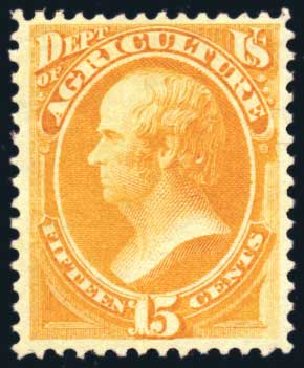 Prices of US Stamps Scott Catalogue O7 - 15c 1873 Agriculture Official. Harmer-Schau Auction Galleries, Feb 2010, Sale 84, Lot 1812