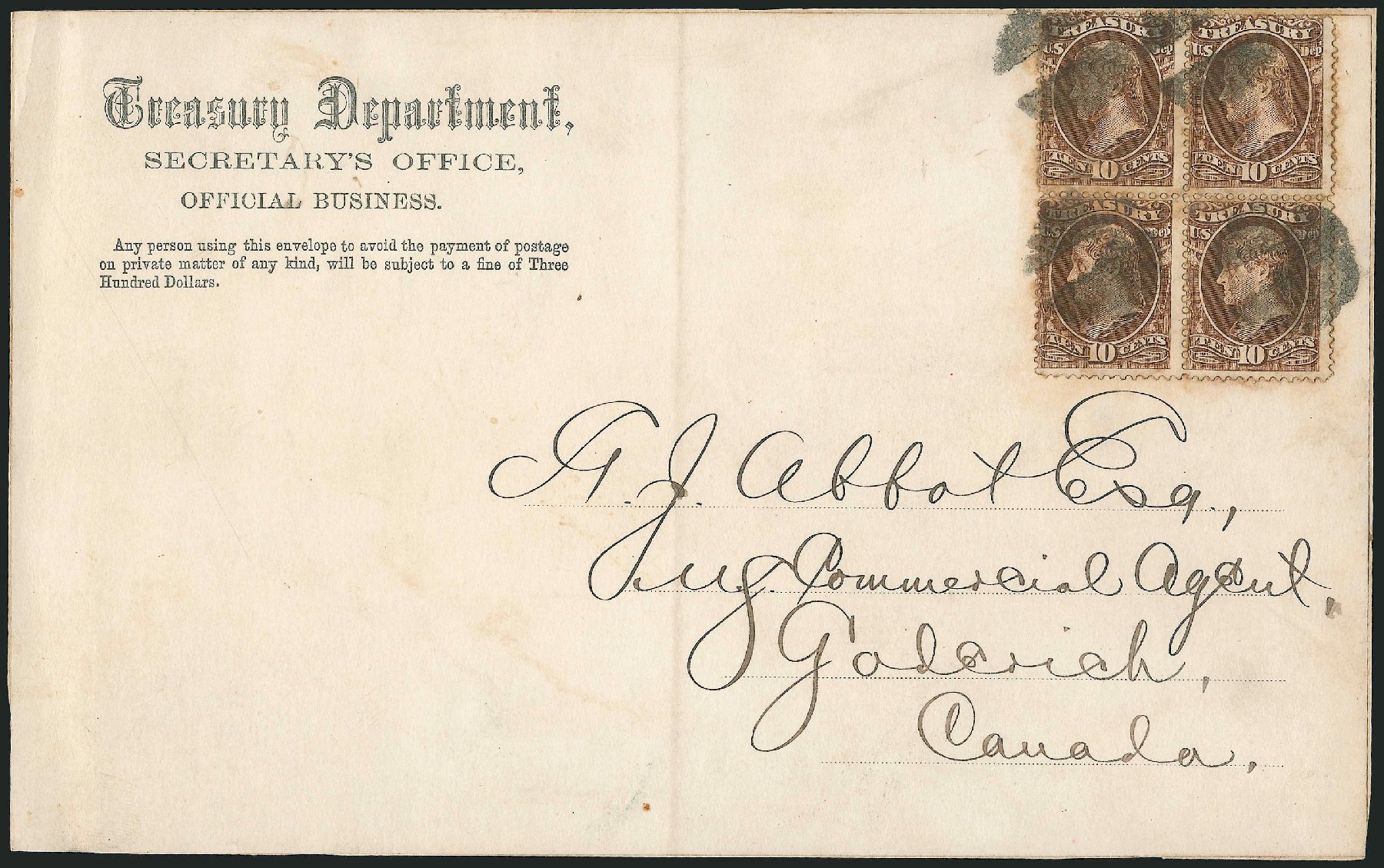 US Stamp Values Scott Cat. # O77: 1873 10c Treasury Official. Robert Siegel Auction Galleries, Nov 2014, Sale 1085, Lot 4142