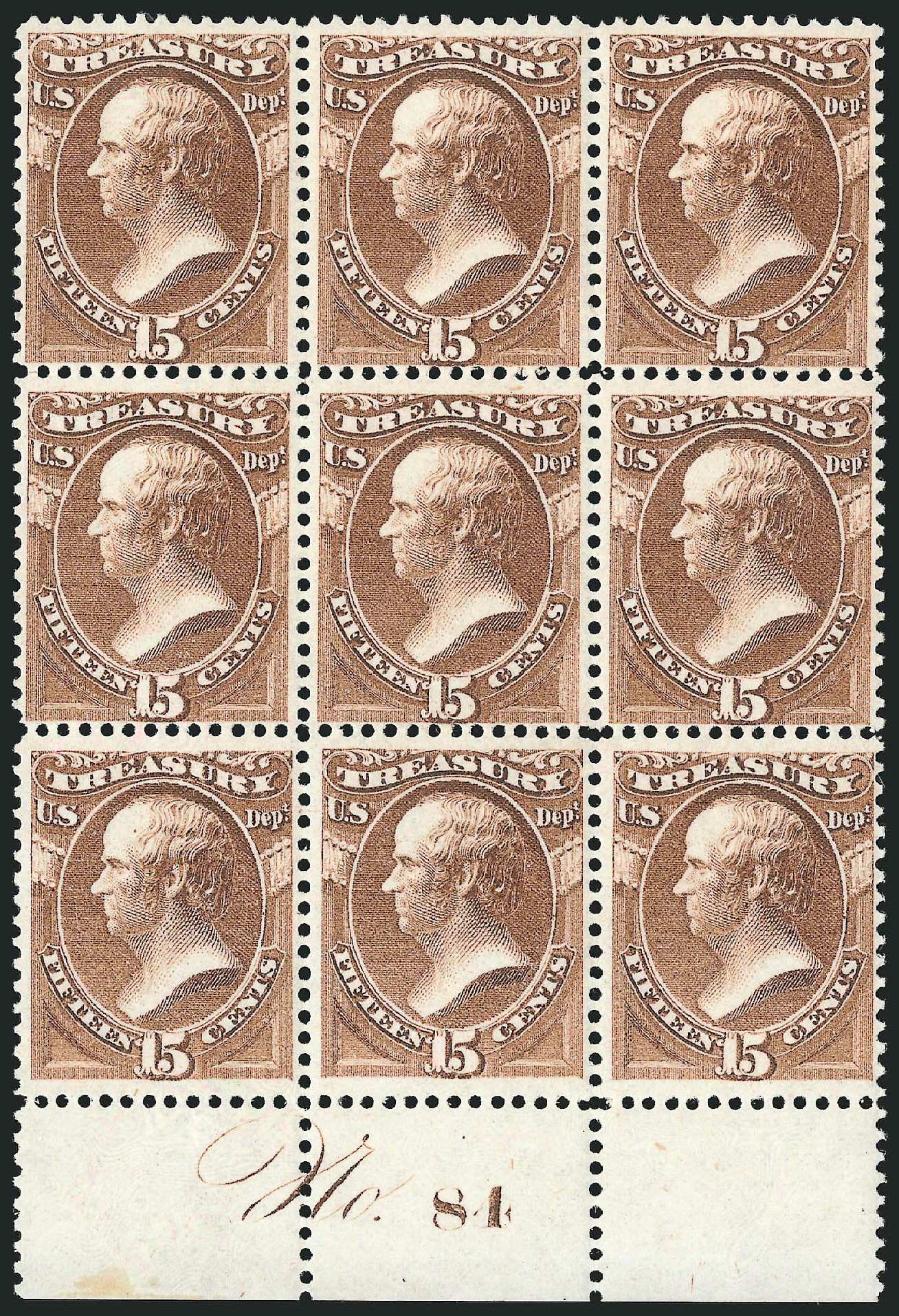 US Stamp Price Scott Cat. O79: 15c 1873 Treasury Official. Robert Siegel Auction Galleries, Nov 2014, Sale 1085, Lot 4127