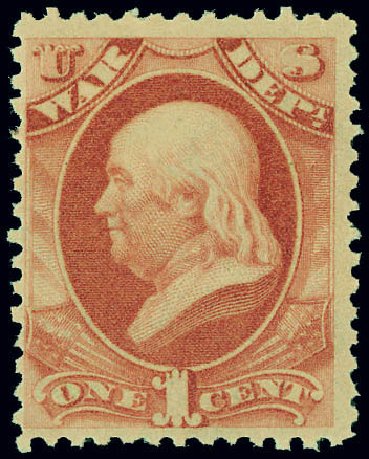 Cost of US Stamp Scott Cat. O83 - 1c 1873 War Official. Matthew Bennett International, Jun 2008, Sale 328, Lot 1250