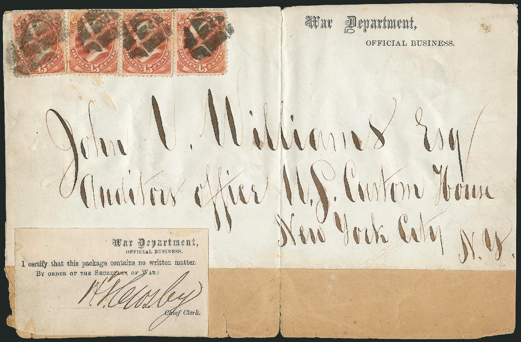 US Stamp Price Scott Catalog #O90 - 1873 15c War Official. Robert Siegel Auction Galleries, Dec 2010, Sale 1003, Lot 5521