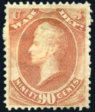 US Stamps Price Scott Catalog # O93 - 1873 90c War Official. Harmer-Schau Auction Galleries, Oct 2009, Sale 83, Lot 487