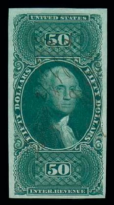 Values of US Stamp Scott # R101: US$50.00 1863 Revenue Internal. Matthew Bennett International, Dec 2007, Sale 325, Lot 2617