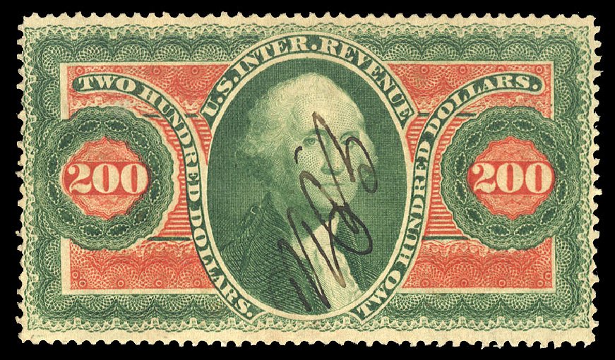 Cost of US Stamps Scott Catalog R102: 1863 US$200.00 Revenue Internal. Cherrystone Auctions, Oct 2012, Sale 201210, Lot 196