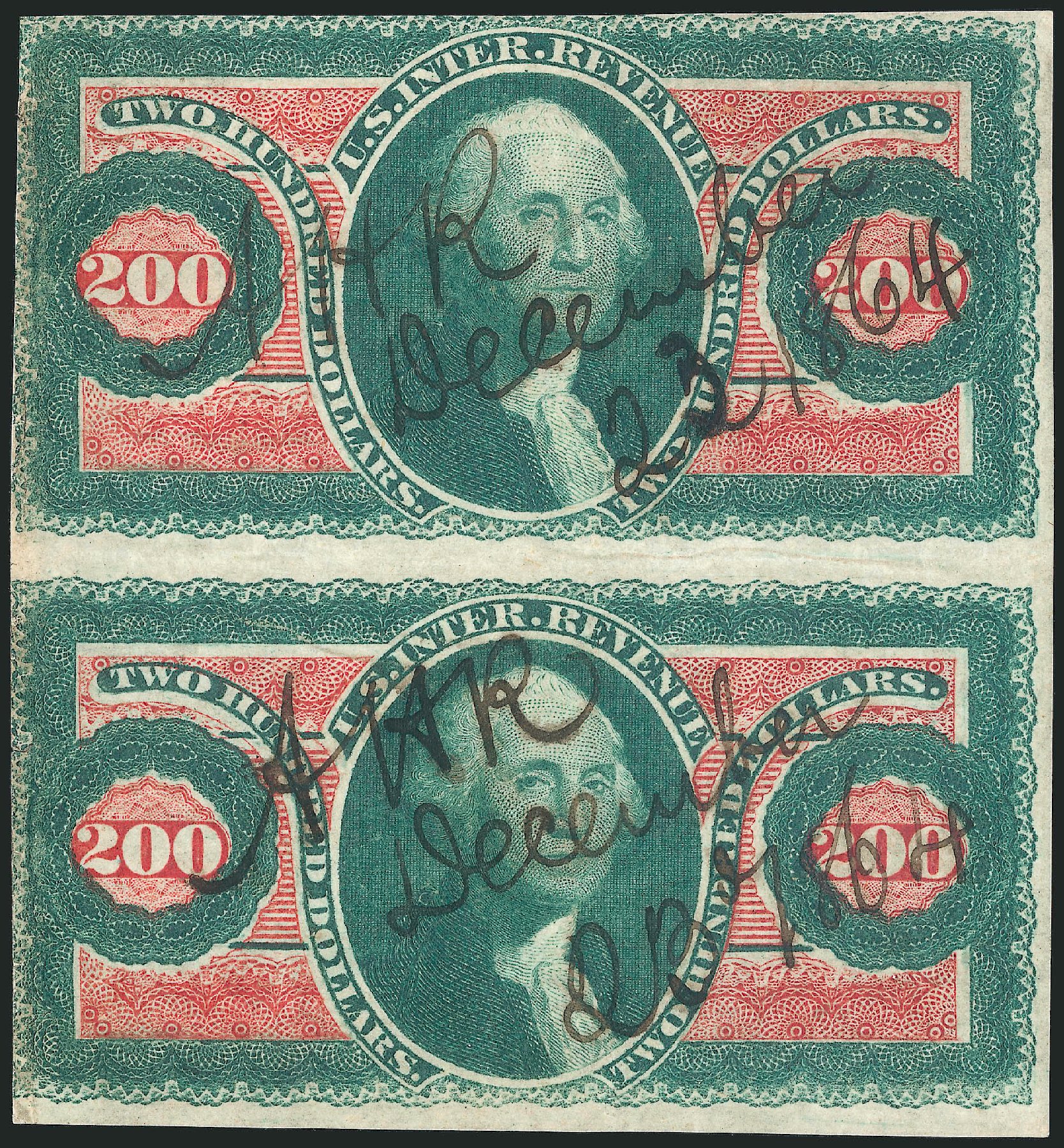 US Stamps Prices Scott #R102: 1863 US$200.00 Revenue Internal. Robert Siegel Auction Galleries, Nov 2013, Sale 1061, Lot 4296
