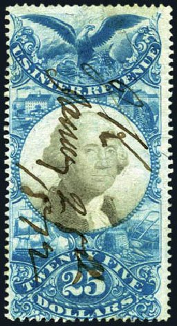US Stamp Values Scott Catalog #R130 - US$25.00 1871 Revenue Documentary . Harmer-Schau Auction Galleries, Aug 2011, Sale 90, Lot 1993