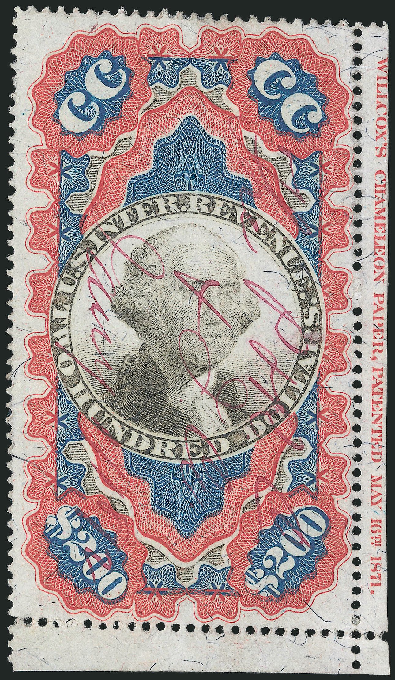 US Stamps Prices Scott Cat. R132: US$200.00 1871 Revenue Documentary . Robert Siegel Auction Galleries, Feb 2015, Sale 1092, Lot 1514