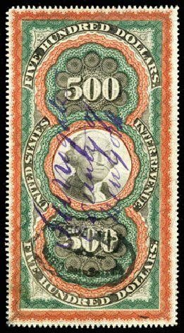 US Stamp Value Scott #R133 - 1871 US$500.00 Revenue Documentary . Matthew Bennett International, Apr 2008, Sale 326, Lot 834