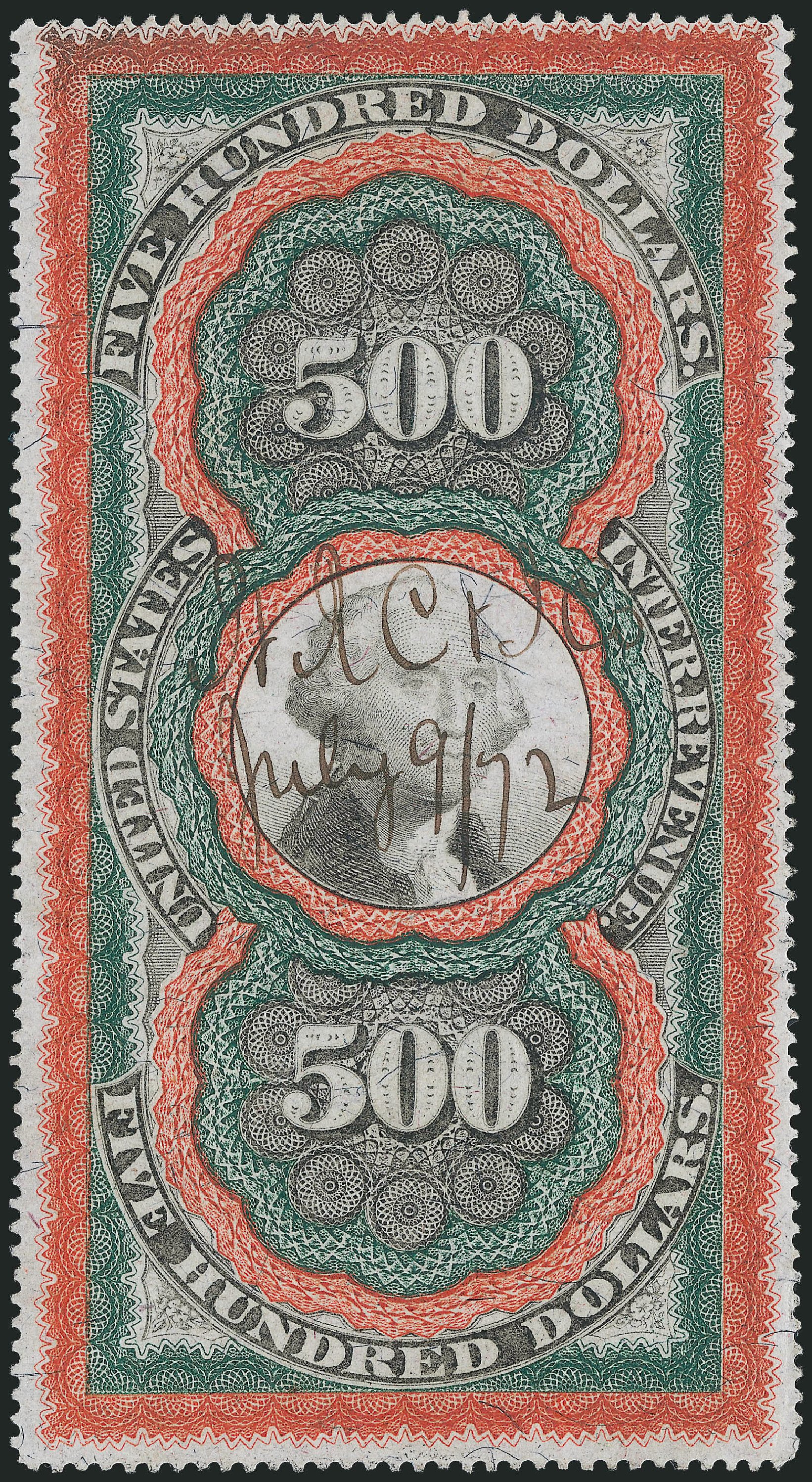 US Stamps Price Scott Cat. R133: 1871 US$500.00 Revenue Documentary . Robert Siegel Auction Galleries, Jun 2011, Sale 1010, Lot 162