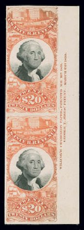 US Stamp Prices Scott # R150: 1872 US$20.00 Revenue Documentary . Matthew Bennett International, Jun 2008, Sale 328, Lot 1354