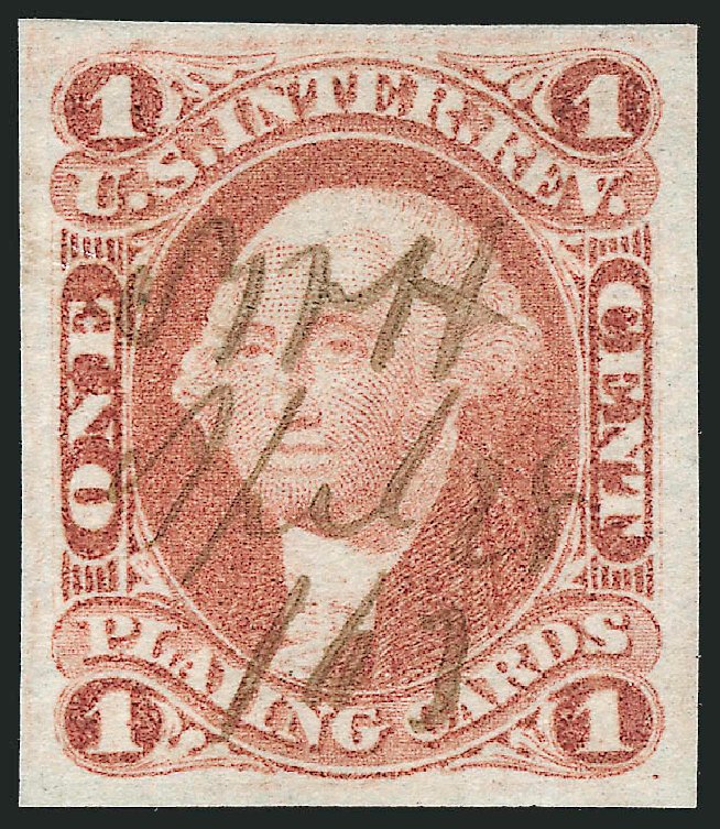 Cost of US Stamp Scott Catalogue # R2 - 1862 1c Revenue Playing Cards. Robert Siegel Auction Galleries, Nov 2011, Sale 1015, Lot 1