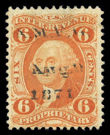 Values of US Stamp Scott Catalogue # R31: 6c 1871 Revenue Proprietary. Matthew Bennett International, Sep 2010, Sale 331, Lot 982