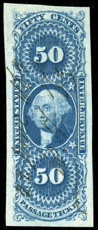 Prices of US Stamps Scott Cat. R61: 50c 1862 Revenue Passage Ticket. Matthew Bennett International, Mar 2012, Sale 344, Lot 4840