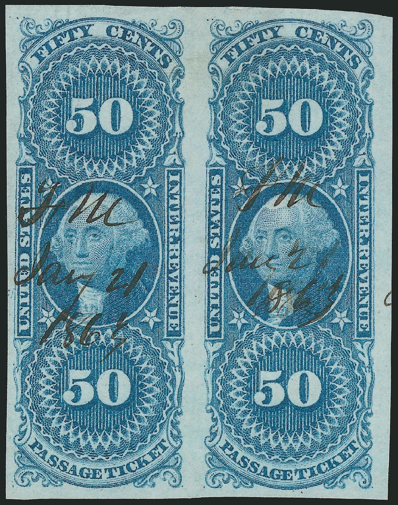 Values of US Stamp Scott Catalogue R61: 50c 1862 Revenue Passage Ticket. Robert Siegel Auction Galleries, Jun 2011, Sale 1011, Lot 943