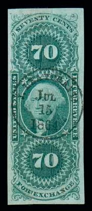 US Stamps Price Scott # R65 - 1862 70c Revenue Foreign Exchange. Matthew Bennett International, Dec 2007, Sale 325, Lot 2609