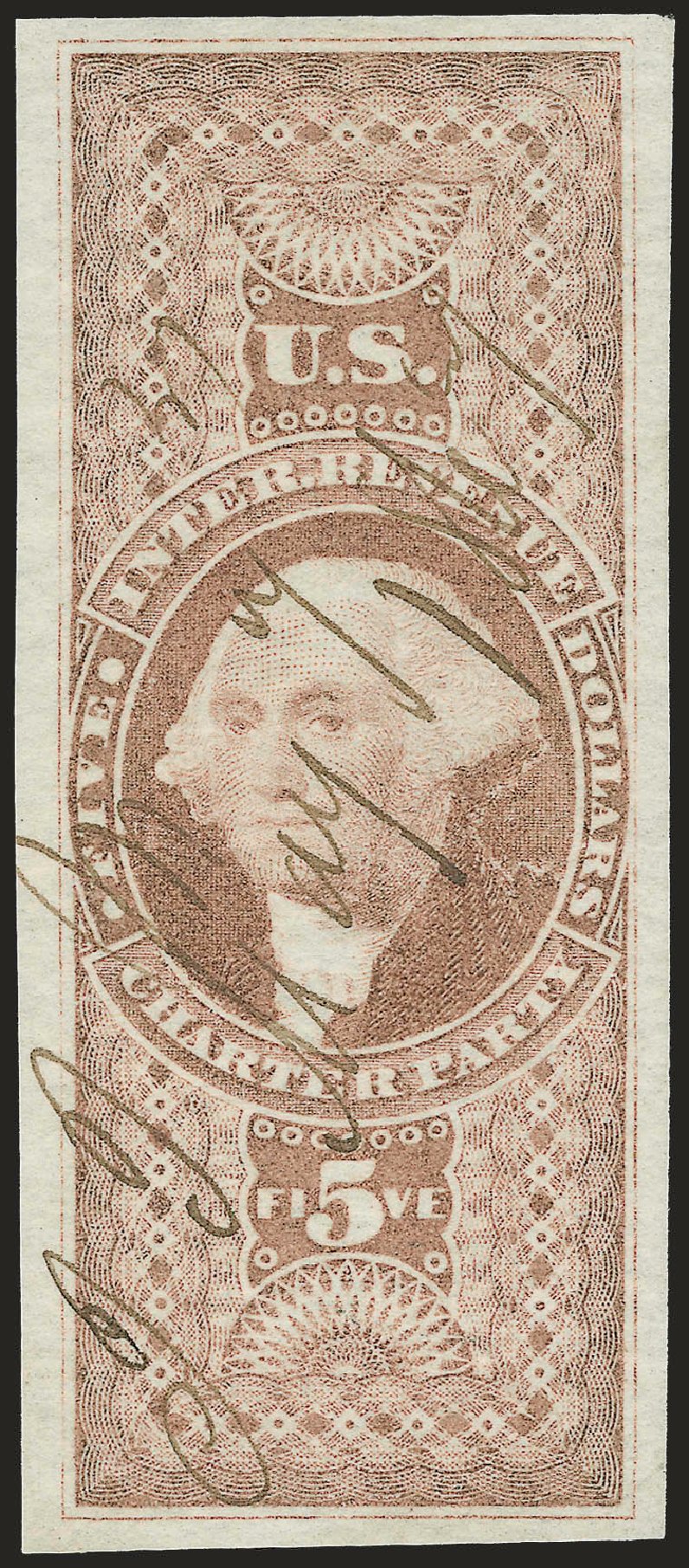 US Stamps Prices Scott Catalog #R88: 1862 US$5.00 Revenue Charter Party. Robert Siegel Auction Galleries, Sep 2009, Sale 976, Lot 2365