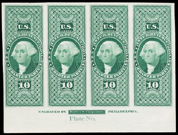Value of US Stamp Scott Cat. R93: 1862 US$10.00 Revenue Charter Party. Matthew Bennett International, Jun 2008, Sale 328, Lot 1328