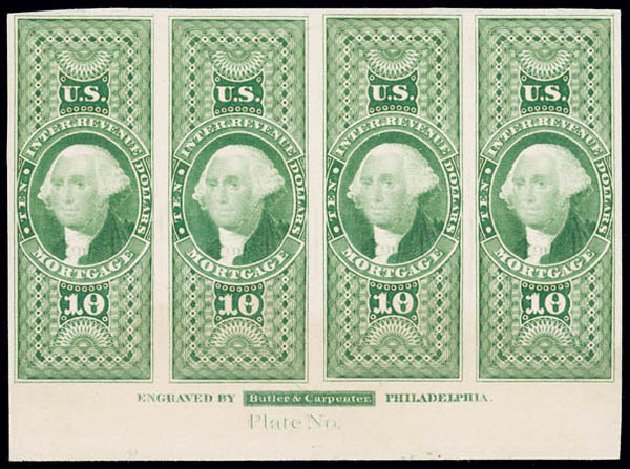 US Stamp Values Scott Cat. R95: 1862 US$10.00 Revenue Mortgage. Matthew Bennett International, Jun 2008, Sale 328, Lot 1329