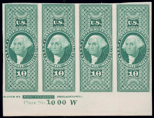 Value of US Stamp Scott Cat. # R95 - 1862 US$10.00 Revenue Mortgage. Matthew Bennett International, Jun 2008, Sale 328, Lot 1330
