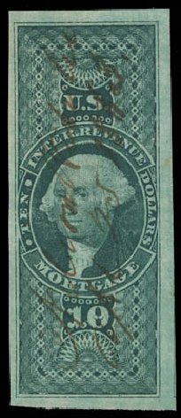Values of US Stamps Scott Catalogue #R95 - US$10.00 1862 Revenue Mortgage. Daniel Kelleher Auctions, Oct 2011, Sale 626, Lot 660