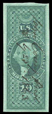 US Stamps Prices Scott R95: US$10.00 1862 Revenue Mortgage. Matthew Bennett International, Sep 2010, Sale 331, Lot 985