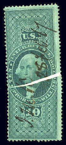 Price of US Stamps Scott #R96: US$10.00 1862 Revenue Probate of Will. Matthew Bennett International, Dec 2008, Sale 330, Lot 1999