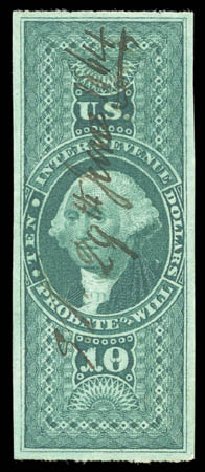 US Stamps Prices Scott Catalog R96 - US$10.00 1862 Revenue Probate of Will. Matthew Bennett International, Sep 2010, Sale 331, Lot 986