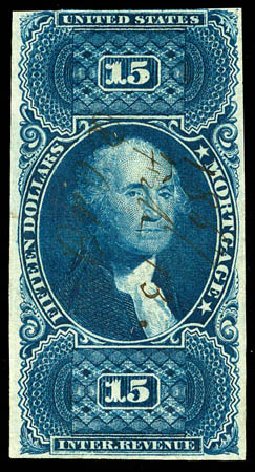 US Stamps Values Scott R97 - 1862 US$15.00 Revenue Mortgage. Matthew Bennett International, Dec 2008, Sale 330, Lot 2000