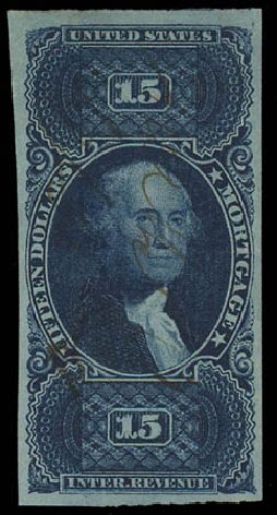 Value of US Stamp Scott Catalogue R97: US$15.00 1862 Revenue Mortgage. Daniel Kelleher Auctions, Oct 2011, Sale 626, Lot 661