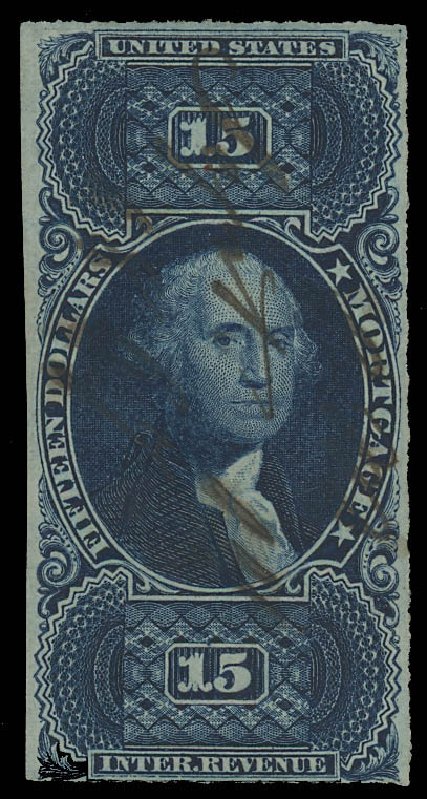Values of US Stamps Scott Catalogue # R97: US$15.00 1862 Revenue Mortgage. Daniel Kelleher Auctions, Oct 2012, Sale 632, Lot 1614
